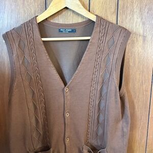 Paul Jones Mens Knit Vest Brown Argyle Diamond Sleeveless Cardigan Sweater Large
